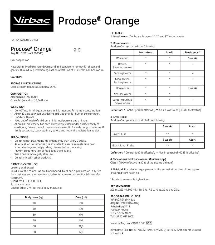 Prodose Orange Dewormer for Goats and Sheep (250ml)