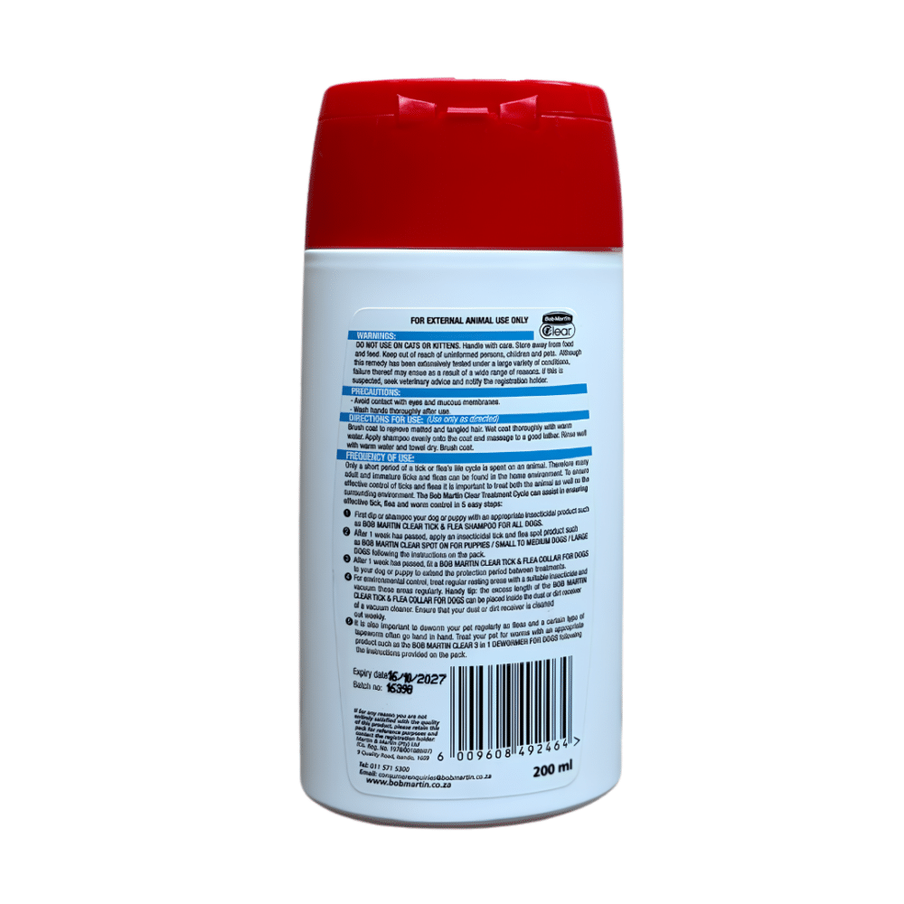 Bob Martin Dog Tick & Flea Shampoo (200ml)